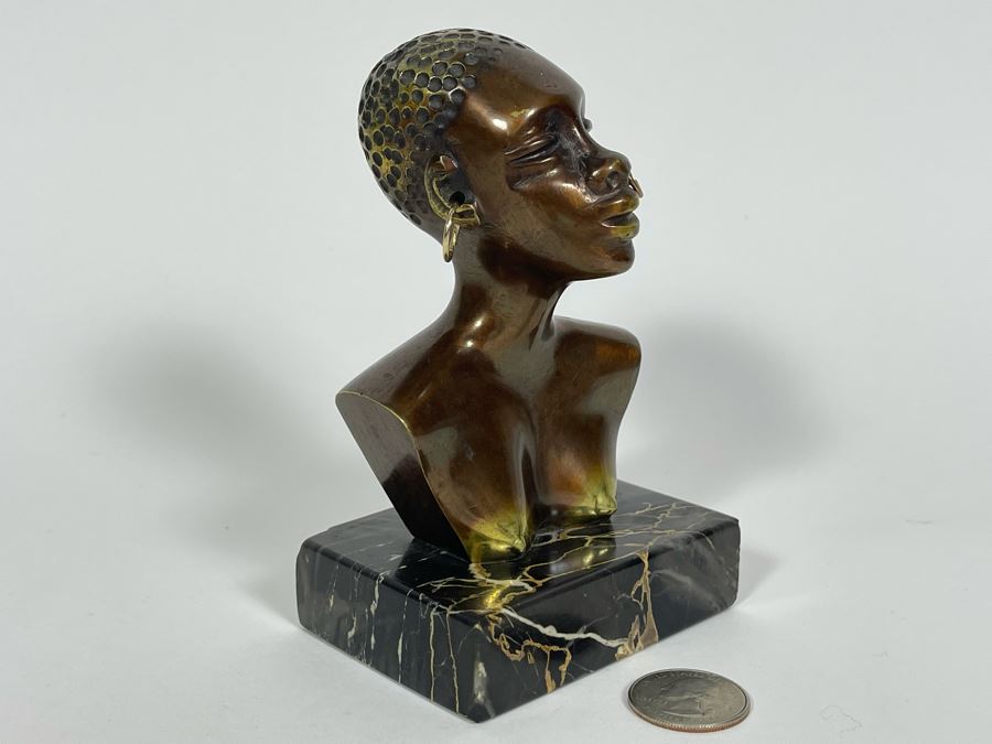 Heavy Solid Bronze Alloy Art Deco African Bust Head Sculpture On Marble Base In Manner Of Karl Hagenauer 3.25W X 2.5D X 5H [Photo 6]