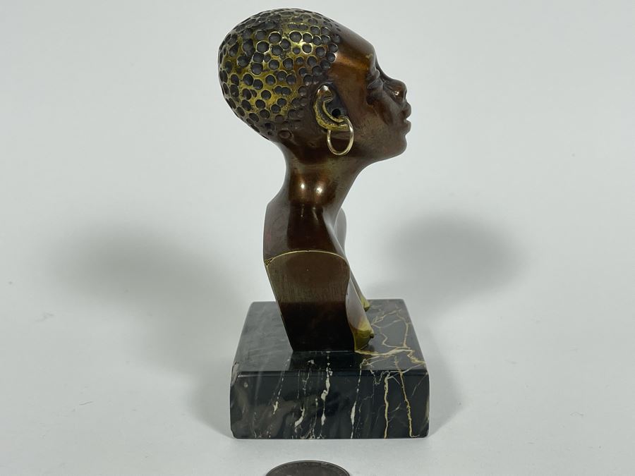Heavy Solid Bronze Alloy Art Deco African Bust Head Sculpture On Marble Base In Manner Of Karl Hagenauer 3.25W X 2.5D X 5H [Photo 13]