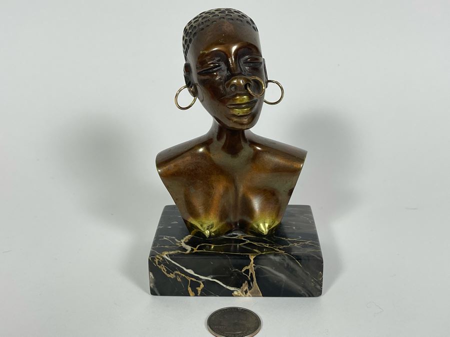 Heavy Solid Bronze Alloy Art Deco African Bust Head Sculpture On Marble Base In Manner Of Karl Hagenauer 3.25W X 2.5D X 5H [Photo 3]