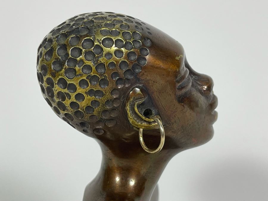 Heavy Solid Bronze Alloy Art Deco African Bust Head Sculpture On Marble Base In Manner Of Karl Hagenauer 3.25W X 2.5D X 5H [Photo 14]