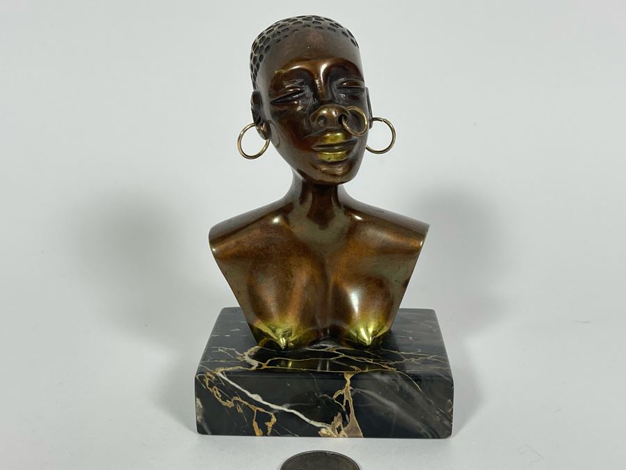 Heavy Solid Bronze Alloy Art Deco African Bust Head Sculpture On Marble Base In Manner Of Karl Hagenauer 3.25W X 2.5D X 5H
