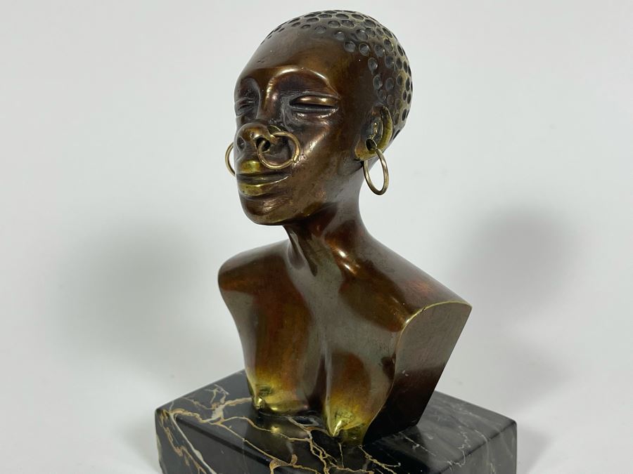 Heavy Solid Bronze Alloy Art Deco African Bust Head Sculpture On Marble Base In Manner Of Karl Hagenauer 3.25W X 2.5D X 5H [Photo 9]