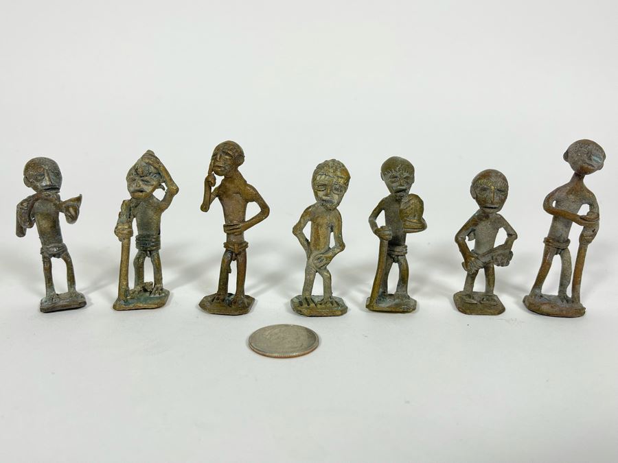 Collection Of Seven Old African Ashanti Handmade Brass Gold Weights Bronze Alloy Figurines Sculptures Apx 2.5H [Photo 2]