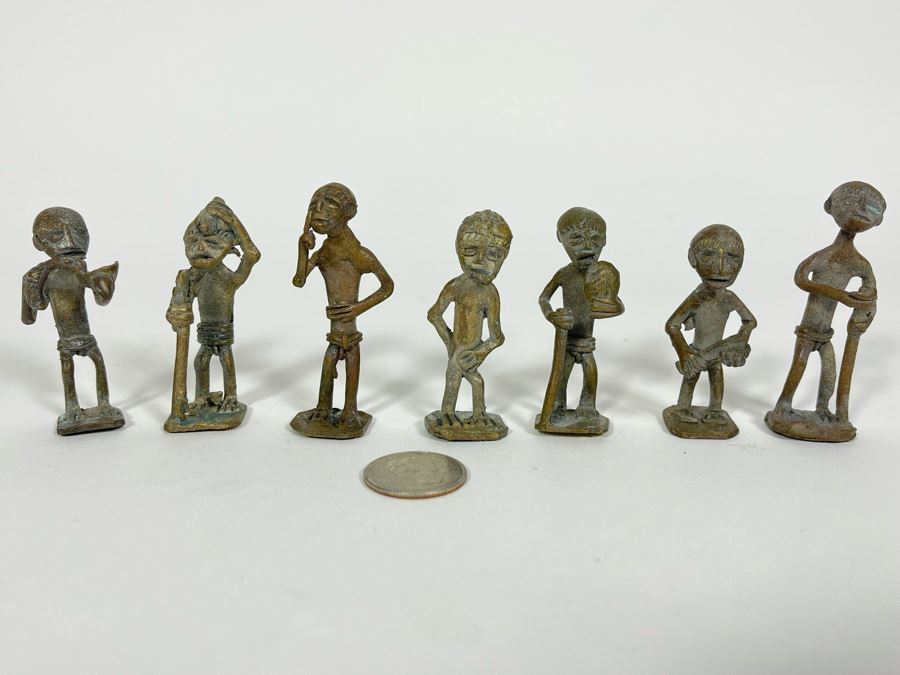 Collection Of Seven Old African Ashanti Handmade Brass Gold Weights Bronze Alloy Figurines Sculptures Apx 2.5H