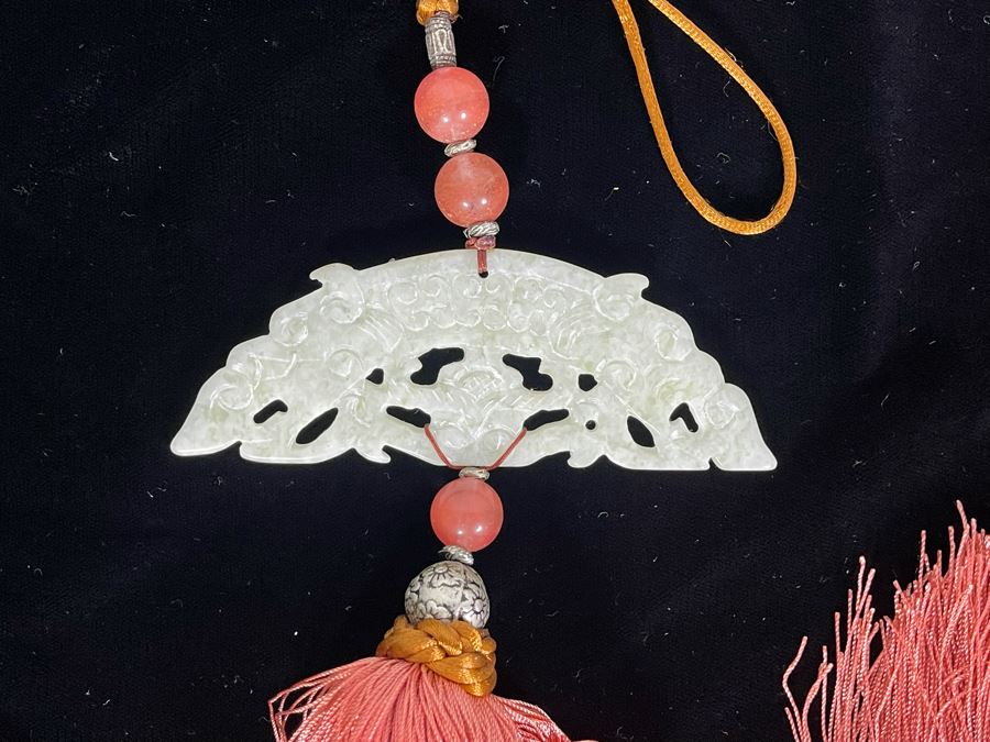 Vintage Chinese Tassle With Carved Jadeite Jade Pendant [Photo 3]