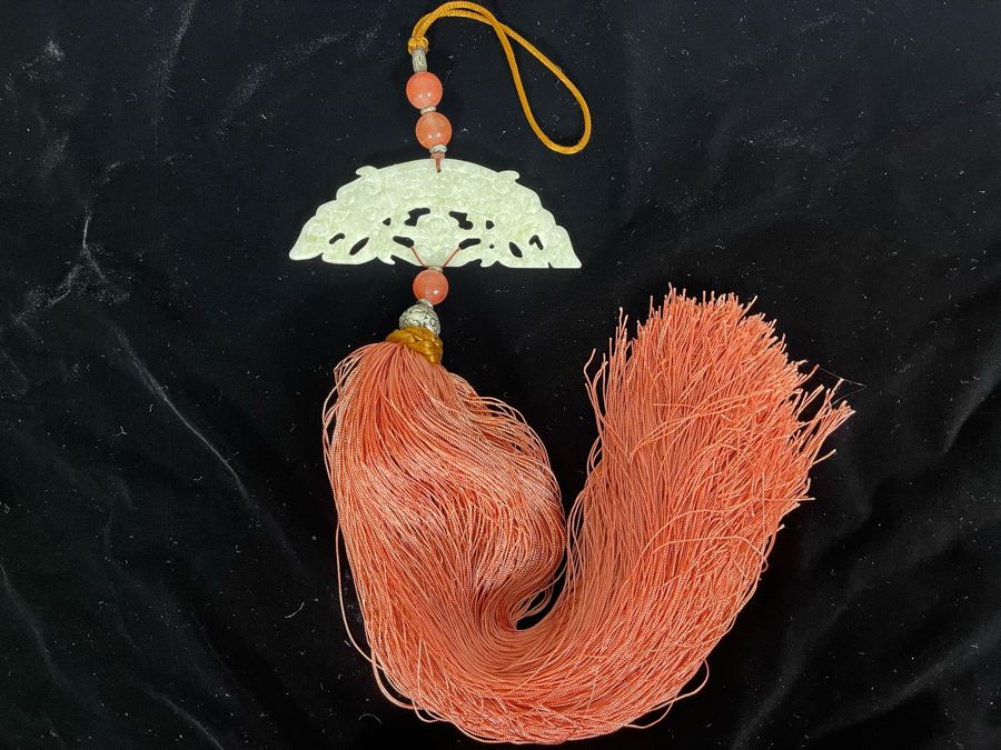 Vintage Chinese Tassle With Carved Jadeite Jade Pendant [Photo 7]