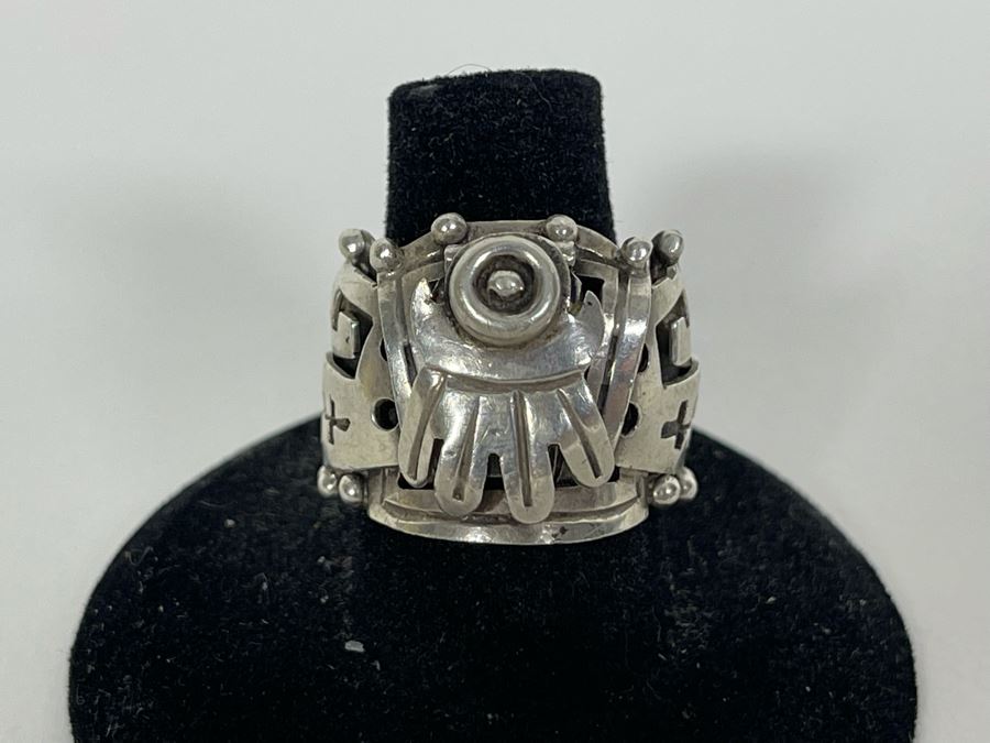 Signed Sterling Silver Mexican Poison Ring Size 7.5 9.8g