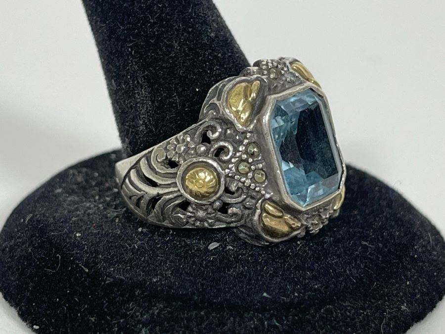 Sterling Silver 14K Gold Blue Topaz Ring Size 10.5 8.1g [Photo 3]