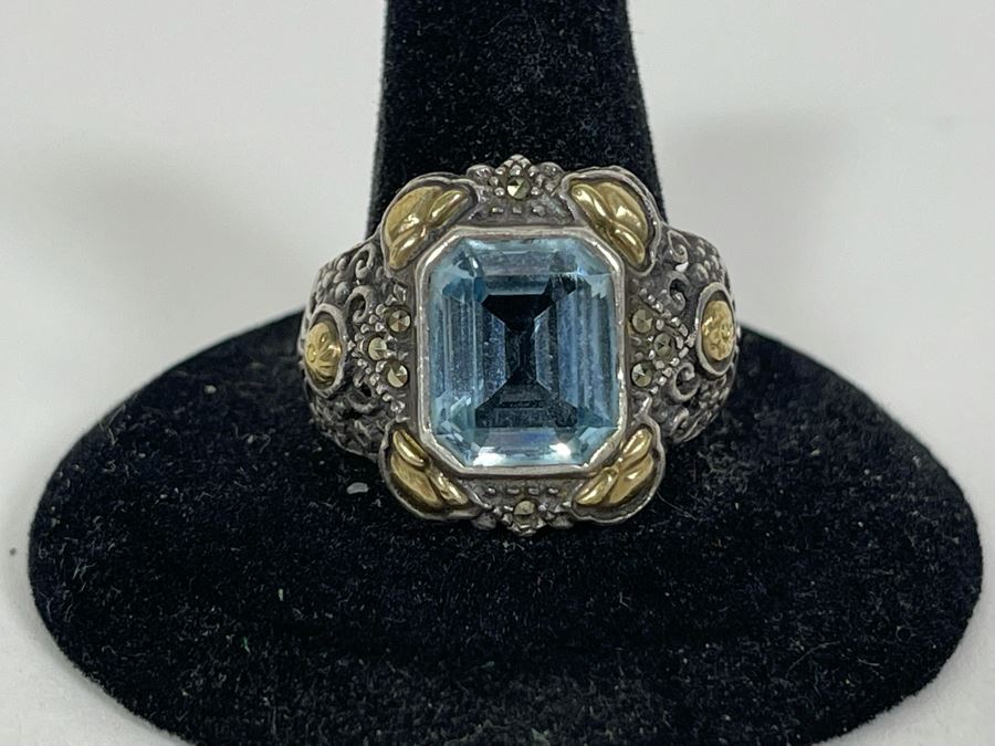 Sterling Silver 14K Gold Blue Topaz Ring Size 10.5 8.1g [Photo 2]