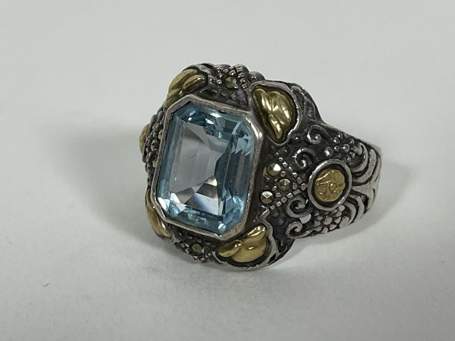 Sterling Silver 14K Gold Blue Topaz Ring Size 10.5 8.1g [Photo 9]