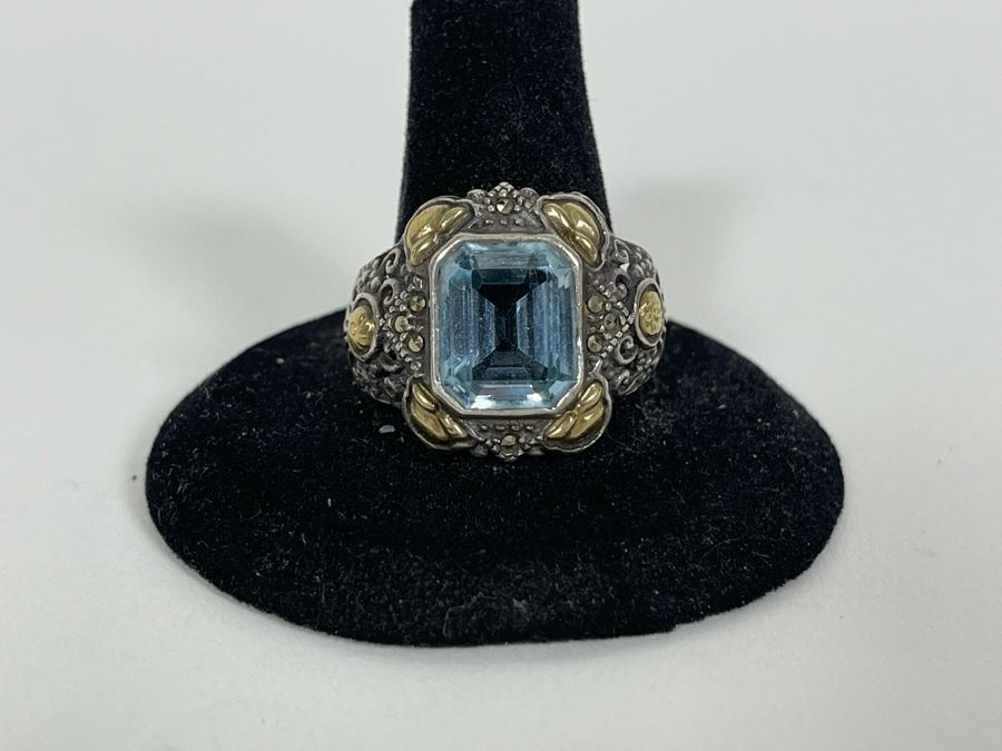 Sterling Silver 14K Gold Blue Topaz Ring Size 10.5 8.1g [Photo 6]