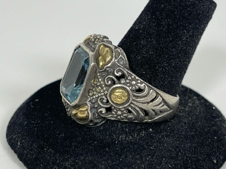 Sterling Silver 14K Gold Blue Topaz Ring Size 10.5 8.1g [Photo 4]