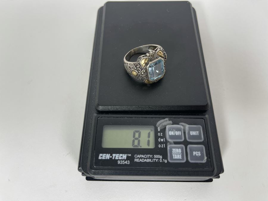 Sterling Silver 14K Gold Blue Topaz Ring Size 10.5 8.1g [Photo 13]