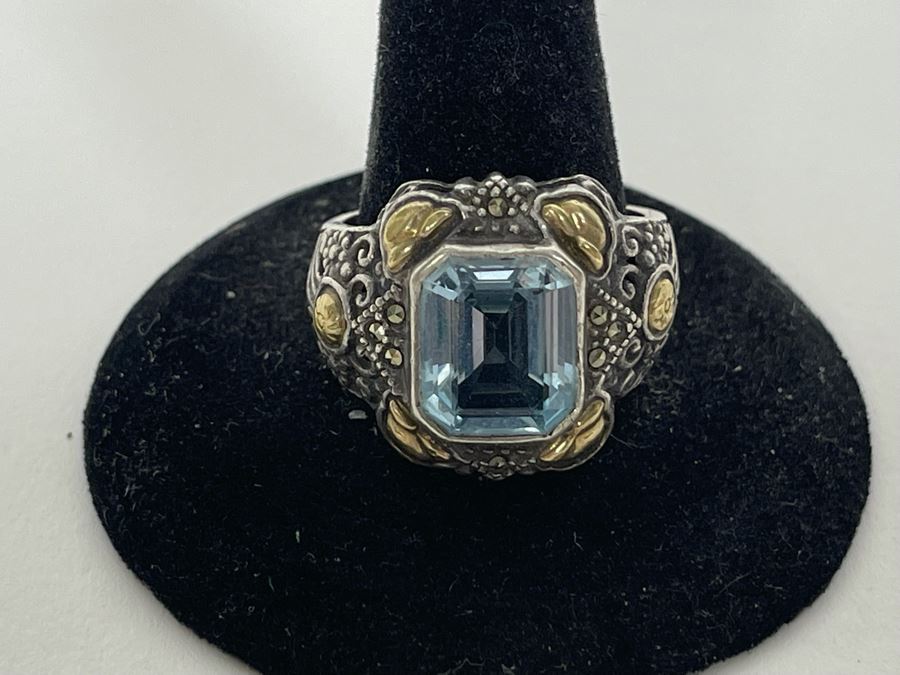 Sterling Silver 14K Gold Blue Topaz Ring Size 10.5 8.1g [Photo 5]