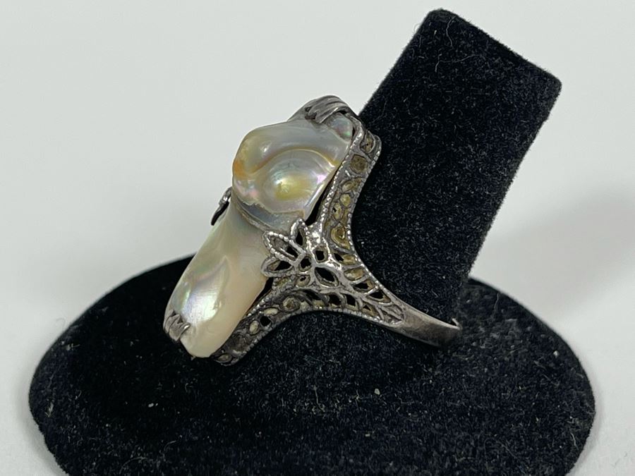 Vintage Sterling Silver Mother Of Pearl Ring Size 8.5 3.1g [Photo 6]