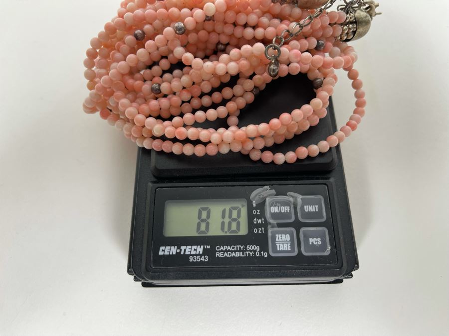 Angel Skin Coral And Sterling Silver Bead Multi-Strand 17'-21' Necklace 81.8g [Photo 9]