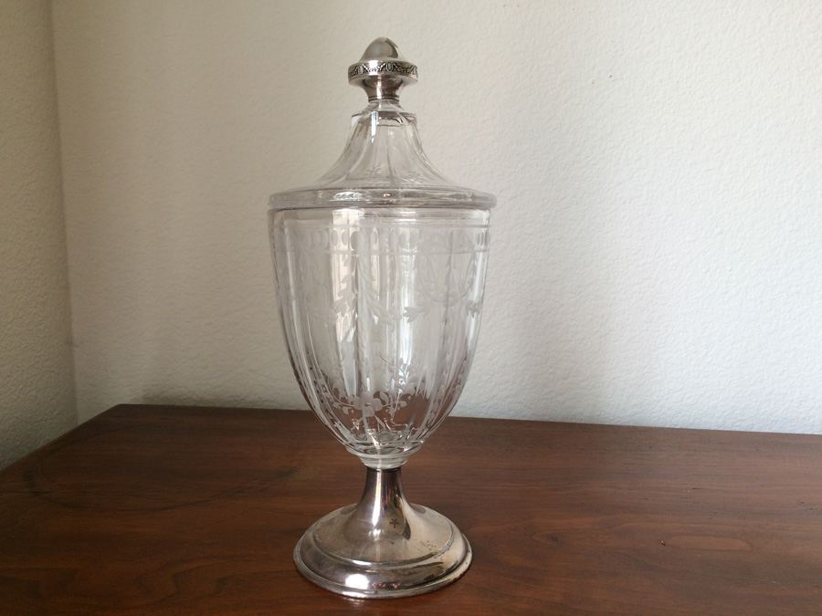 Hawkes Etched Glass Jar/Urn Sterling Finial and Foot [Photo 1]
