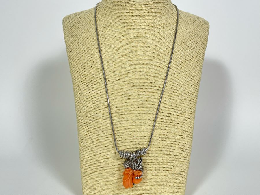 Carved Coral Sterling Silver Pendant With Sterling Silver 22' Chain Necklace 49.6g [Photo 2]