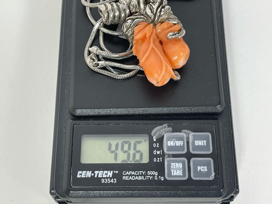 Carved Coral Sterling Silver Pendant With Sterling Silver 22' Chain Necklace 49.6g [Photo 9]