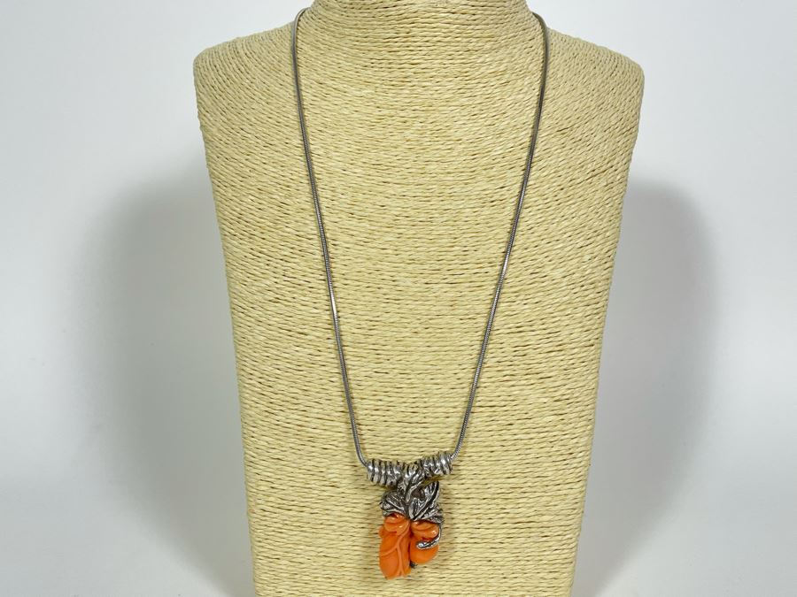 Carved Coral Sterling Silver Pendant With Sterling Silver 22' Chain Necklace 49.6g [Photo 3]