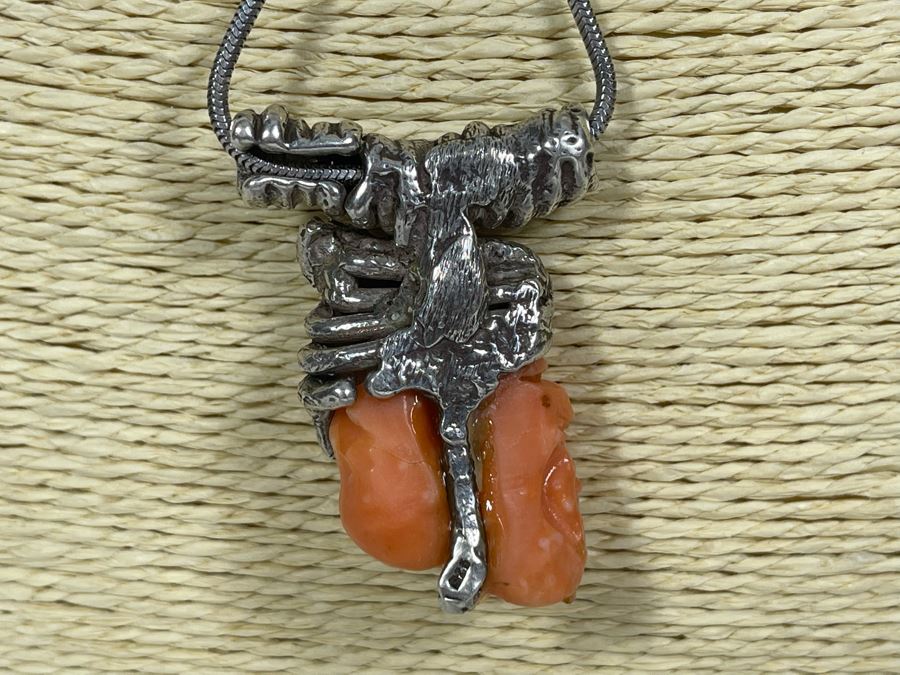 Carved Coral Sterling Silver Pendant With Sterling Silver 22' Chain Necklace 49.6g [Photo 5]