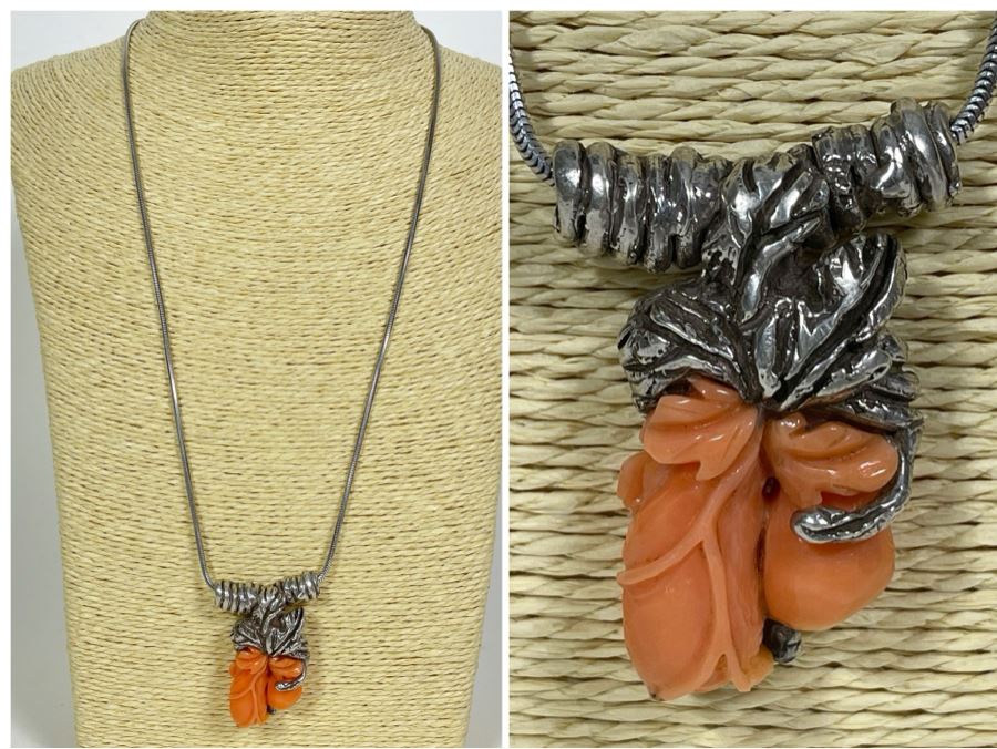 Carved Coral Sterling Silver Pendant With Sterling Silver 22' Chain Necklace 49.6g