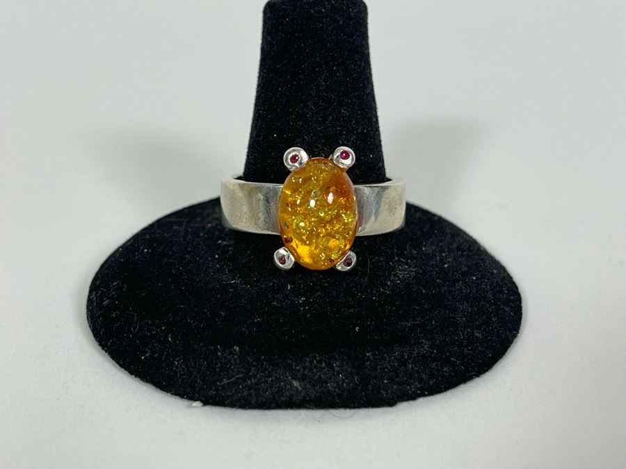 Sterling Silver Amber Ring Size 9.5 7.4g [Photo 4]
