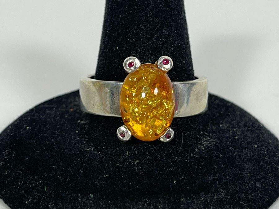 Sterling Silver Amber Ring Size 9.5 7.4g