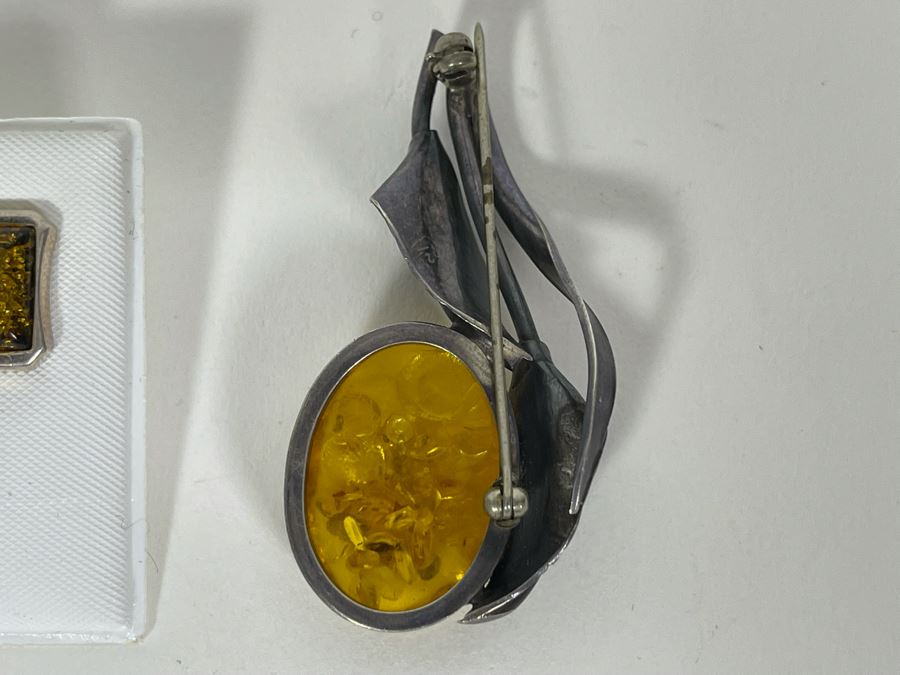 Modernist Sterling Silver Amber Earrings With Vintage Sterling Silver Amber Brooch Pin 13.8g [Photo 6]