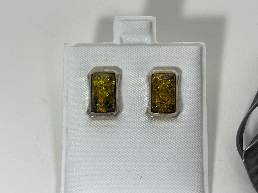 Modernist Sterling Silver Amber Earrings With Vintage Sterling Silver Amber Brooch Pin 13.8g [Photo 4]