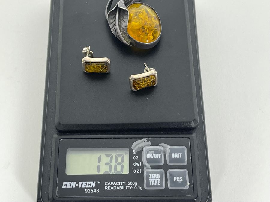 Modernist Sterling Silver Amber Earrings With Vintage Sterling Silver Amber Brooch Pin 13.8g [Photo 9]