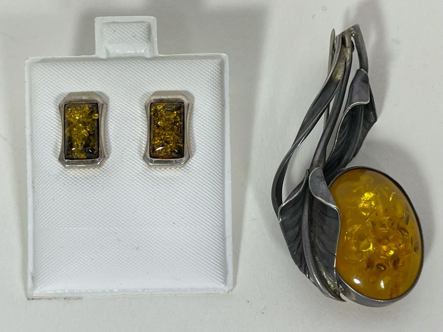 Modernist Sterling Silver Amber Earrings With Vintage Sterling Silver Amber Brooch Pin 13.8g [Photo 3]