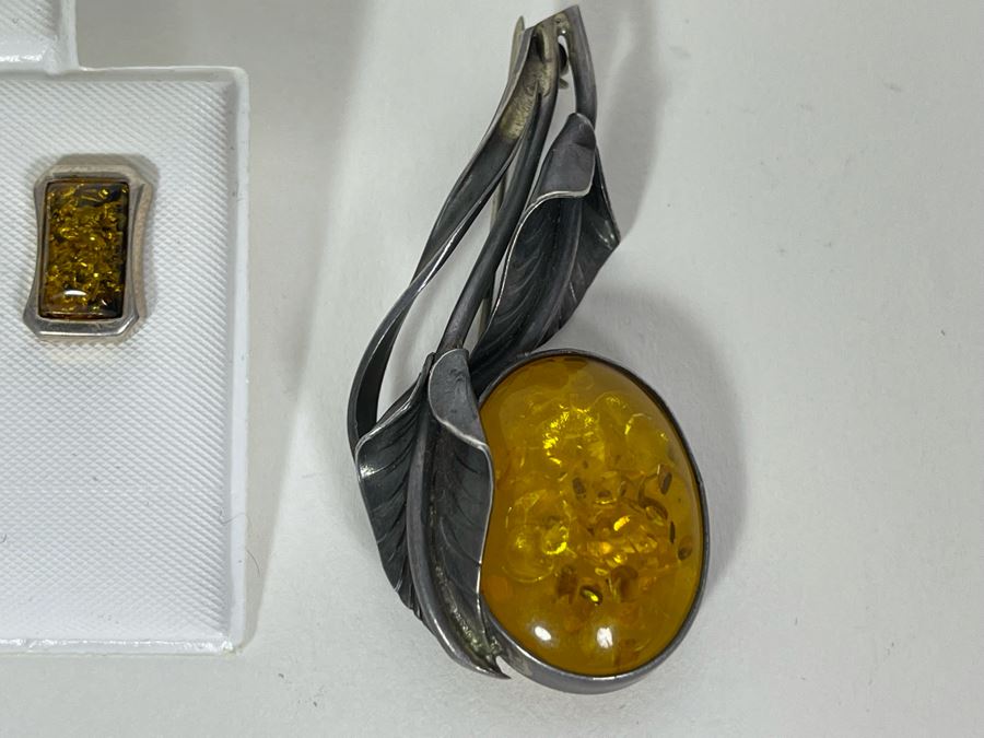 Modernist Sterling Silver Amber Earrings With Vintage Sterling Silver Amber Brooch Pin 13.8g [Photo 5]