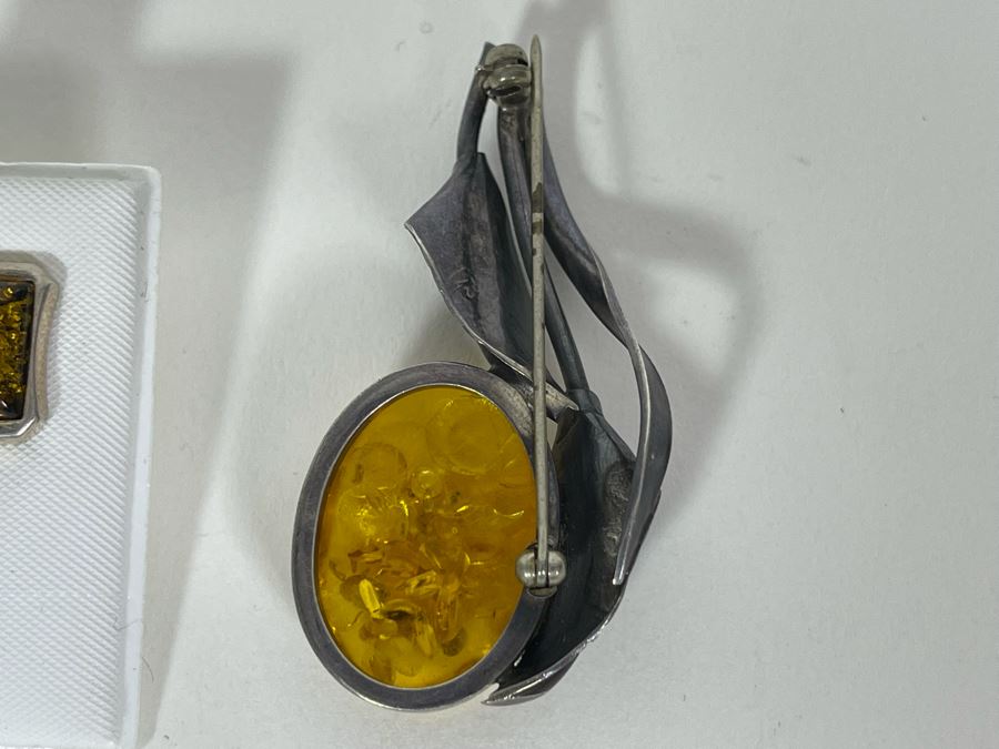Modernist Sterling Silver Amber Earrings With Vintage Sterling Silver Amber Brooch Pin 13.8g [Photo 7]