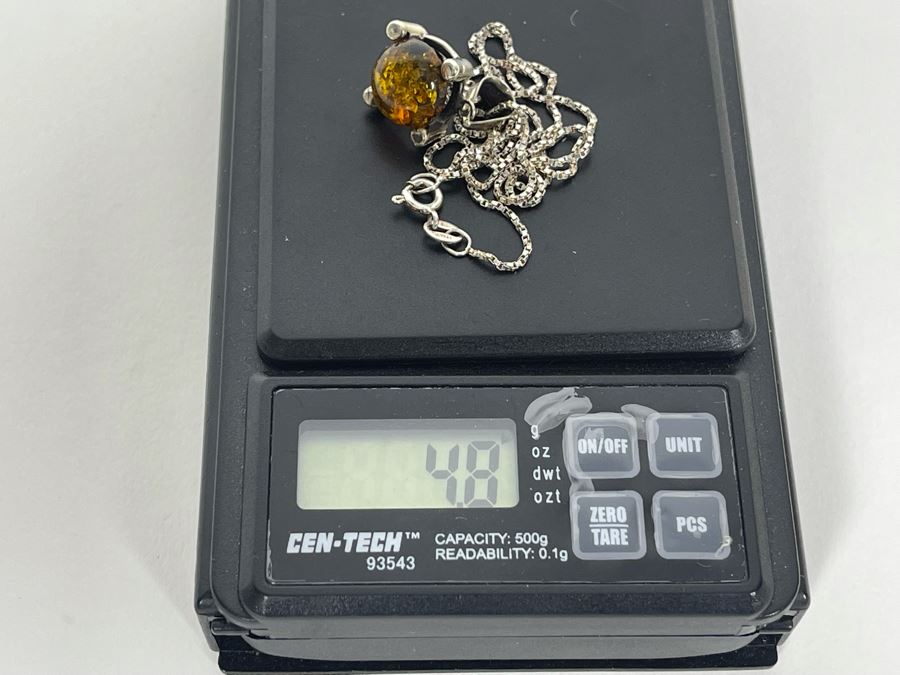 Sterling Silver Amber Pendant With Sterling Silver 18' Chain Necklace 4.8g [Photo 9]