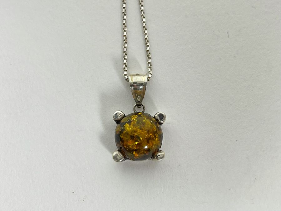 Sterling Silver Amber Pendant With Sterling Silver 18' Chain Necklace 4.8g [Photo 7]