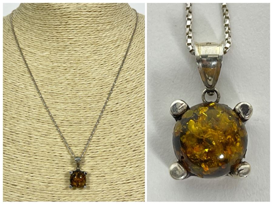 Sterling Silver Amber Pendant With Sterling Silver 18' Chain Necklace 4.8g [Photo 1]