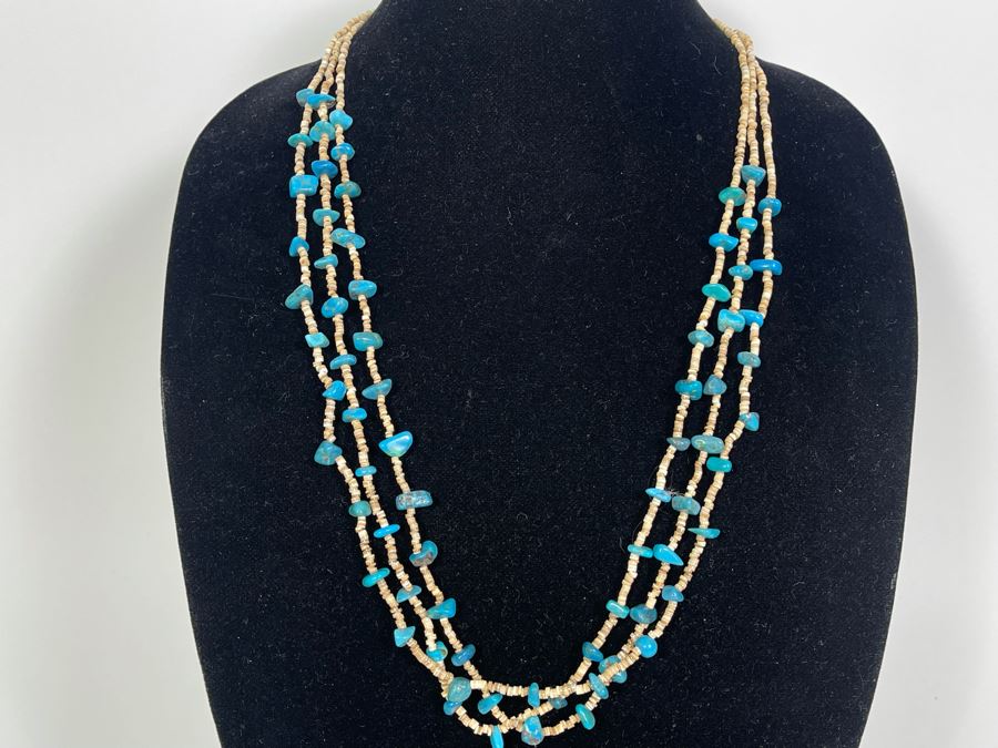 Vintage 30' Turquoise And Shell Heishi Multi-Strand Necklace [Photo 3]