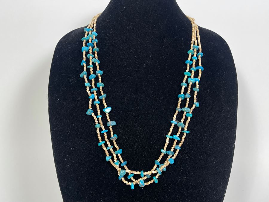 Vintage 30' Turquoise And Shell Heishi Multi-Strand Necklace [Photo 2]