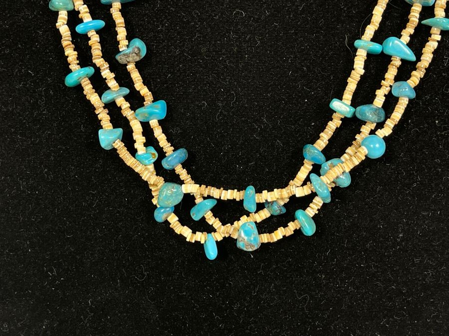 Vintage 30' Turquoise And Shell Heishi Multi-Strand Necklace [Photo 4]