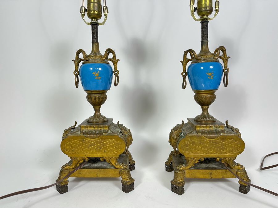 Impressive Pair Of French Table Lamps (Working) With Handpainted Porcelain And Gilt Bronze (Note Both Lamps Have Slight Cracks In Metal) 7W X 24H [Photo 5]