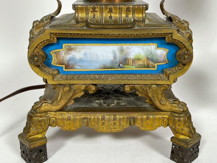 Impressive Pair Of French Table Lamps (Working) With Handpainted Porcelain And Gilt Bronze (Note Both Lamps Have Slight Cracks In Metal) 7W X 24H [Photo 16]