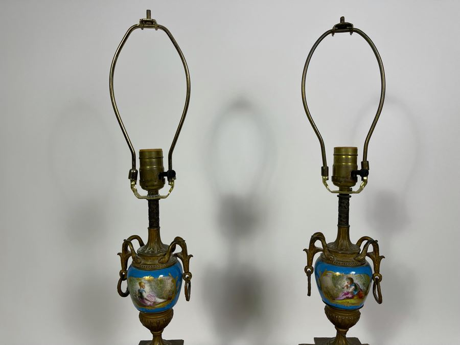 Impressive Pair Of French Table Lamps (Working) With Handpainted Porcelain And Gilt Bronze (Note Both Lamps Have Slight Cracks In Metal) 7W X 24H [Photo 24]