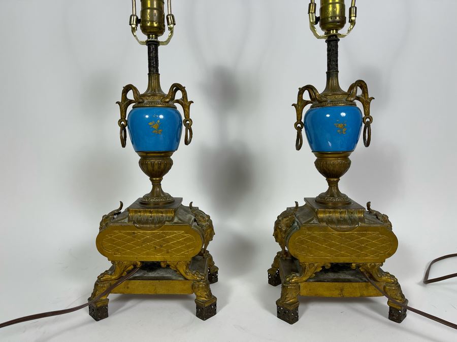 Impressive Pair Of French Table Lamps (Working) With Handpainted Porcelain And Gilt Bronze (Note Both Lamps Have Slight Cracks In Metal) 7W X 24H [Photo 6]