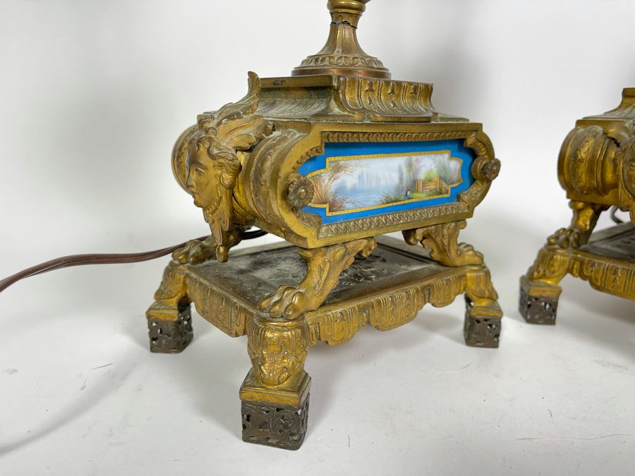 Impressive Pair Of French Table Lamps (Working) With Handpainted Porcelain And Gilt Bronze (Note Both Lamps Have Slight Cracks In Metal) 7W X 24H [Photo 8]