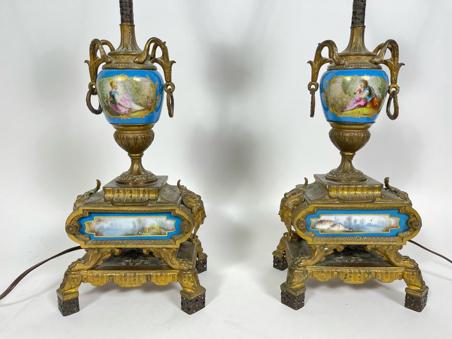 Impressive Pair Of French Table Lamps (Working) With Handpainted Porcelain And Gilt Bronze (Note Both Lamps Have Slight Cracks In Metal) 7W X 24H [Photo 2]