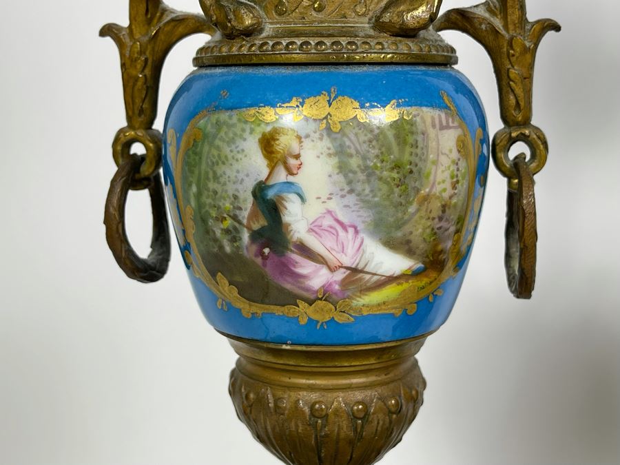 Impressive Pair Of French Table Lamps (Working) With Handpainted Porcelain And Gilt Bronze (Note Both Lamps Have Slight Cracks In Metal) 7W X 24H [Photo 19]