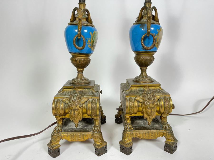 Impressive Pair Of French Table Lamps (Working) With Handpainted Porcelain And Gilt Bronze (Note Both Lamps Have Slight Cracks In Metal) 7W X 24H [Photo 9]
