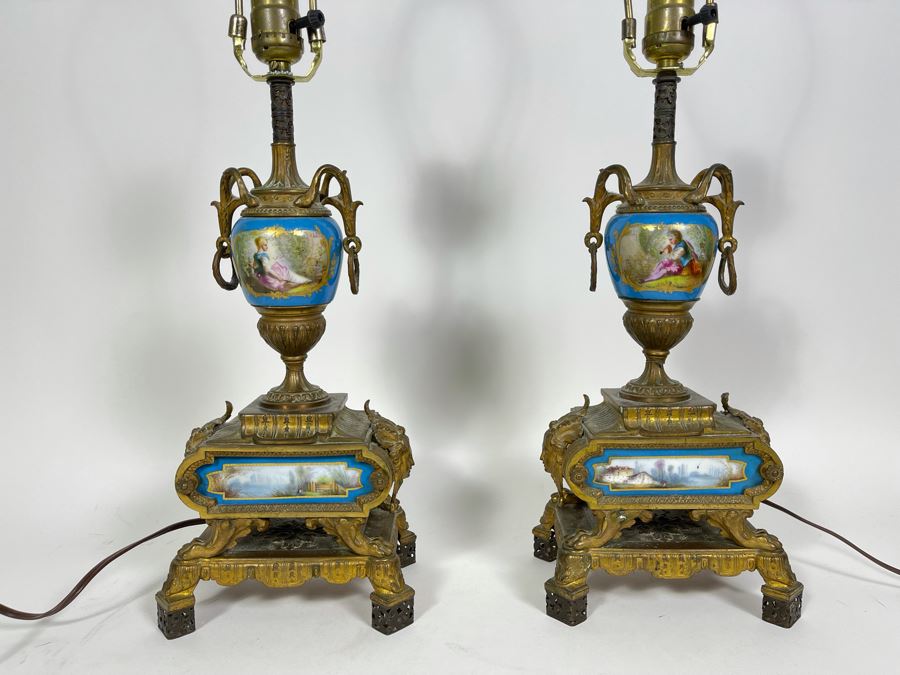Impressive Pair Of French Table Lamps (Working) With Handpainted Porcelain And Gilt Bronze (Note Both Lamps Have Slight Cracks In Metal) 7W X 24H [Photo 4]