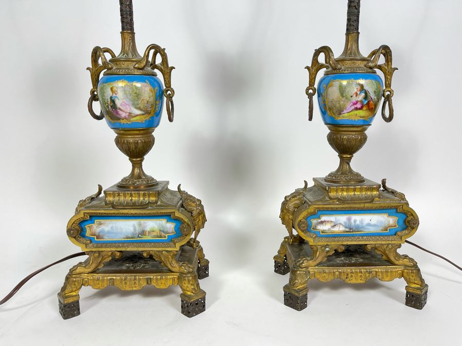 Impressive Pair Of French Table Lamps (Working) With Handpainted Porcelain And Gilt Bronze (Note Both Lamps Have Slight Cracks In Metal) 7W X 24H